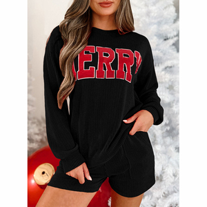 Dear-Lover Bán Buôn Boutique Dễ Thương Giáng Sinh Mùa Thu Có Điện Vui Vẻ Đồ Họa Dệt Kim Giản Dị Hai Mảnh Phụ Nữ Quần Short Set - Product Image 3