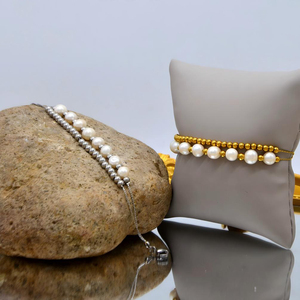 Bracelet géométrique superposé en acier inoxydable vintage avec perles, bicolore or/argent, cadeau tendance pour homme et femme en couple - Product Image 1