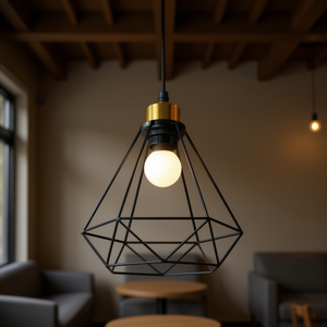 Lámpara Colgante Vintage Minimalista de Hierro Negro con Bombilla E27 Blanco Cálido, Diseño de Estructura Geométrica para Interiores o Restaurantes - Product Image 2