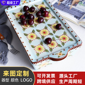 Source factory <b>ceramic</b> baking <b>pan</b>, custom hand-painted underglaze ribbon lid, double handle, large capacity, private - Product Image 3
