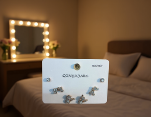 Qjnyajare Set di orecchini a bottone 3 paia di orecchini a forma di fiocco con strass in cristallo placcato oro per gioielli da donna alla moda 925 Post - Product Image 2