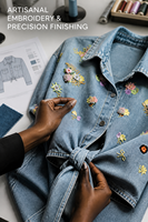 Chemise en jean brodée florale taille haute pour femme, haut court en jean à nouer sur le devant, délavage bleu clair, patchwork vieilli