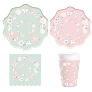 DAMAI Customized Blue and Pink Tableware Set Disposable Elegant Style Stock Special Shape Paper Plate and Cups for Tea Party - Product Image 1