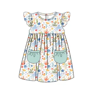 Gold Supplier Nice Seashell Printed Girls Flutter Sleeves Dress With two pockets