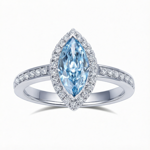 Anillo de compromiso clásico de oro blanco con topacio azul talla marquesa y halo de diamantes para mujer - Product Image 1