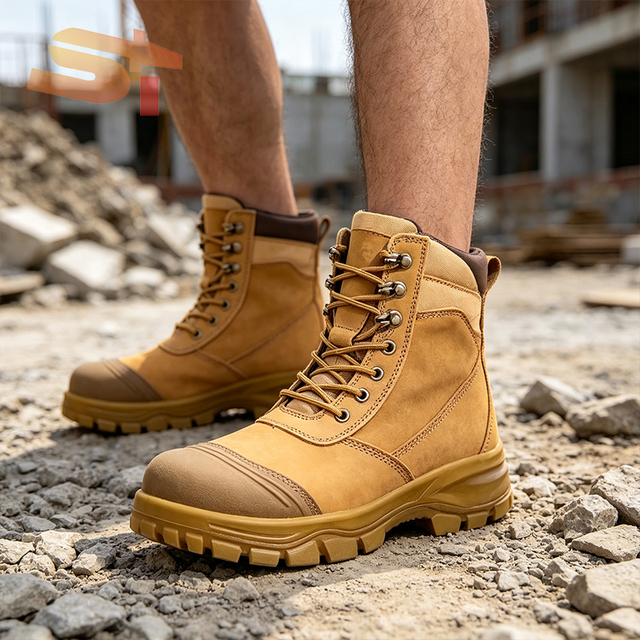 SIKE Top-grain Leather High-top Side Zipper Steel Hooded Men's Anti-crush, Puncture, Anti-slip, and Wear-resistant Work Shoes