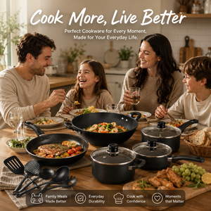 Batterie de cuisine en fonte antiadhésive 13 pièces, comprenant une poêle à frire de 20 cm, des casseroles de 18/20 cm, une casserole à lait de 16 cm et 6 spatules, compatible tous feux - Product Image 5