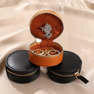 Round PU Leather Travel Jewelry Box Double Layer Multi Compartment Zipper Portable Organizer <b>Case</b> for Necklaces Rings <b>Earrings</b> - Product Image 3