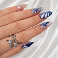 Faux ongles personnalisés papillon bleu à presser, forme amande, avec paillettes étoiles, en gel ABS brillant argenté, style céleste, vente en gros OEM