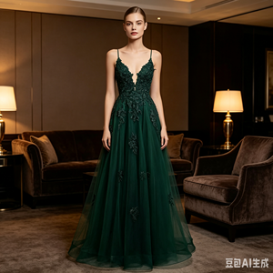 Vestido de Noche de Lujo con Tirantes Finos de Tul, Apliques Florales 3D de Encaje, Escote en V Profundo, Abertura Alta, Vestido Formal para Invitadas de <span class=keywords><strong>Boda</strong></span> y Damas de Honor - Product Image 4