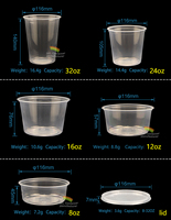 Conteneur alimentaire rond jetable de qualité alimentaire 8/12/16/24/32 oz, boîte alimentaire en plastique PP, contenants de cuisine, gobelet à sauce avec couvercle