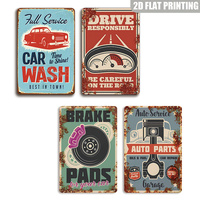 Letrero Metálico de Lavado de Autos con Servicio Completo, Decoración de Pared Retro Vintage Azul y Roja con Diseño de Auto Clásico para Garaje y Cuarto de Hombre
