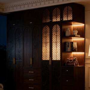Modern Dark Built-in <b>Wardrobe</b> with LED Lighting Brass Hardware Open <b>Storage</b> Wooden Checkroom Furniture for Bedroom - Product Image 4