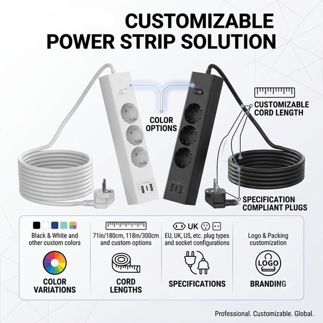 EU  Power Strip with USB-C Fast Charger Surge Protection Industrial Multi Socket Extension Lead for Home Office