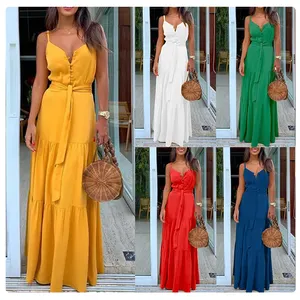 Summer 2022 New arrival trend women's button V-neck dress stitching suspenders long dress skirt fashionable