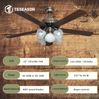 Ventilateur de plafond 52 pouces TS52-5C5L AC/DC avec commande par cordon, 5 douilles E27, pales en bois MDF, finition décorative