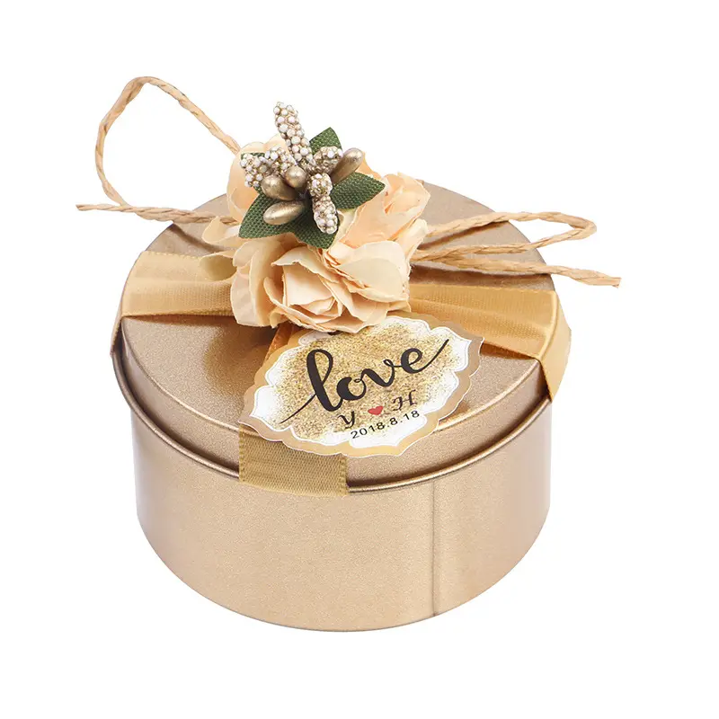 Wholesale luxury round tin metal box for wedding candy cookie chocolate gift with ribbon and flower