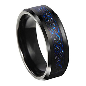<strong>Mens</strong> Matte Brushed Polished Black and Blue Tungsten Carbide Koa <strong>Wood</strong> Inlay <strong>Ring</strong> 6mm 8mm - Product Image 4