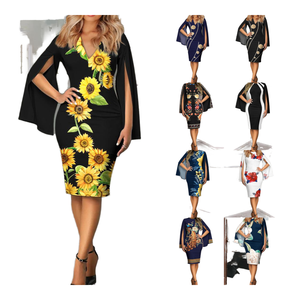 Vestido <span class=keywords><strong>de</strong></span> <span class=keywords><strong>Fiesta</strong></span> para Mujer, Negro, Casual, <span class=keywords><strong>de</strong></span> Alta Calidad, con Estampado Digital, Lavable, Mangas Largas Acampanadas, Corte en A, Largo hasta la Rodilla, Cintura Natural - Product Image 1