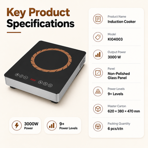 Placa de Inducción de 3000W con Panel de Cristal Sin Pulir, Bajo Nivel de Ruido, 9 Niveles de Potencia, Apagado Automático, <span class=keywords><strong>para</strong></span> Negocios de Catering KI06003 - Product Image 3