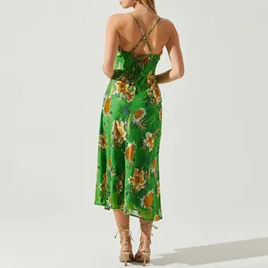 OEM Sommer neu sexy Strand Damen blumendruck ärmellos V-Ausschnitt Schlitz Midi-Kleid für Damen
