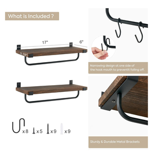 Estante flotante rústico para barra de café, ganchos para <span class=keywords><strong>tazas</strong></span> de té de madera, <span class=keywords><strong>colgador</strong></span> para organizar utensilios de cocina, estante para <span class=keywords><strong>tazas</strong></span> de café de madera con ganchos en S - Product Image 2