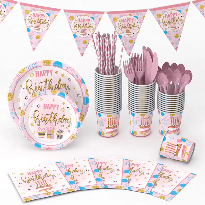 LUCKY 16 Guests Knives Forks Spoons Tablecloth Plates Birthday Decoration Pink Cake Girls Birthday Disposable Tableware Set