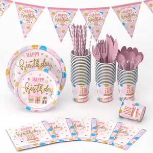 Birthday LUCKY 16 Guests Knives Forks Spoons Tablecloth Plates Birthday Decoration Pink Cake Girls Birthday Disposable Tableware Set