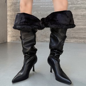 Women Belt Buckles Baggy Shoes High Heels Pointed Toe Stiletto Top Wide Cut Knee High Boots Pleated Fur Upper Long <b>Booties</b> - Product Image 4