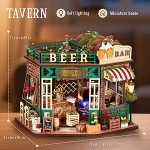 Kit de puzzle en <span class=keywords><strong>bois</strong></span> 3D rétro pour adultes, modèle de maison de taverne miniature avec éclairage LED, décoration d'étagère - Product Image 3