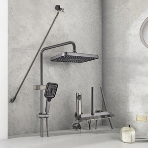 Gun Gray Brushed Dual <b>Handle</b> Thermostatic <b>Shower</b> System Slide Bar Rain/Massage Spray for Apartment Bathroom Wall Mount Brass - Product Image 2
