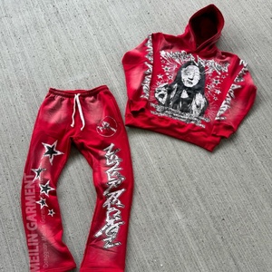 Ensemble de survêtement homme deux pièces personnalisé de haute qualité, comprenant un sweat à capuche délavé à l'acide et un pantalon de survêtement évasé, avec impression sérigraphiée et effet délavé soleil - Product Image 2
