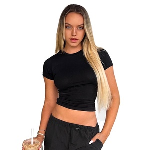 Nuovo stile Plain <span class=keywords><strong>t</strong></span>-<span class=keywords><strong>Shirt</strong></span> personalizzato con logo strass sottile girocollo in morbido tessuto tinta unita top Crop top Casual da <span class=keywords><strong>donna</strong></span> <span class=keywords><strong>t</strong></span>-<span class=keywords><strong>Shirt</strong></span> - Product Image 2