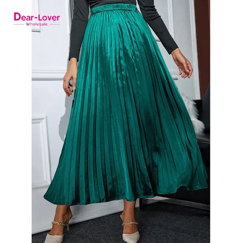 Dear-Lover Blackish Green Maxi Satin Elastic Waist Women Maxi Pleated Skirt