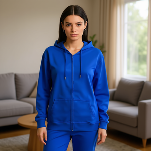 HDJ Chándal para mujer, conjunto de pantalones y sudadera con capucha y cremallera de longitud completa, color azul real, informal, holgado, transpirable, 100% algodón, para otoño - Product Image 1