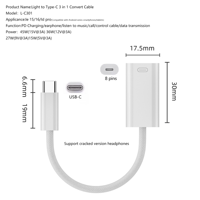 USB C to 8 Pins Adapter 3 in 1 Type C Male to Female Lighting Headphone Audio Adapter with Charging and Data Transfer