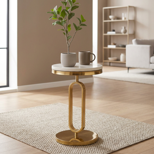 Modern Round Console <b>Table</b> with <b>Marble</b> <b>Top</b> and Brass Pedestal Base for Living Room Furniture - Product Image 3