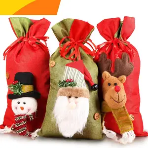 3D储物袋小彩色Xmas收纳礼品袋花式手工麻布拉绳礼品袋圣诞节