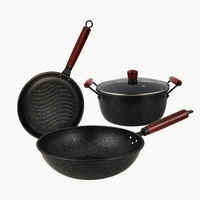 Ensemble de trois ustensiles de cuisine antiadhésifs en pierre Maifan, comprenant une poêle à frire, une marmite à fond plat et des couvercles en verre trempé, style coréen, logos personnalisés