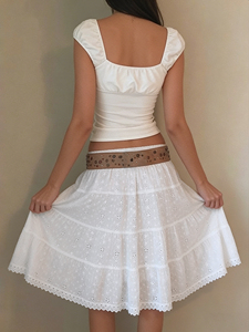 Ladies White Eyelet Embroidery Tiered Skirt, Elastic Waist A-Line Midi Skirt, Casual Boho Summer Skirt - Product Image 4