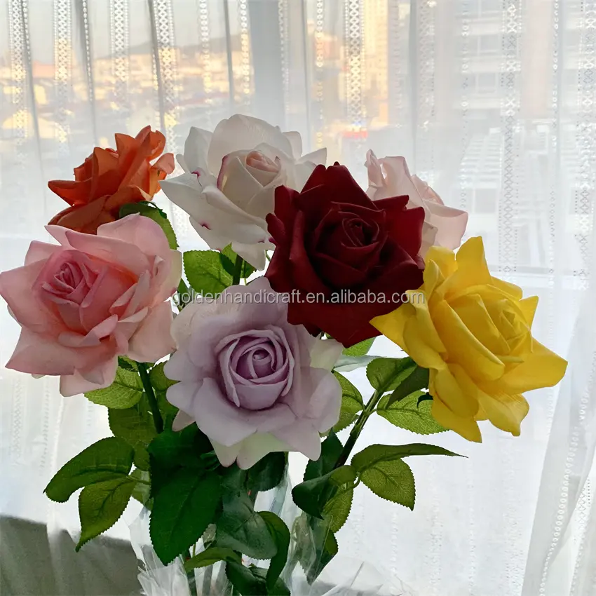 QSLH-651 मॉइस्चराइजिंग लाल गुलाब कृत्रिम फूल बड़े कृत्रिम गुलाब शादी के फूल एकल वास्तविक स्पर्श गुलाब