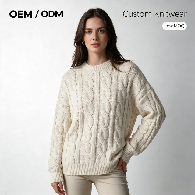 Women's Cable Knit Sweater Aran Pattern Crew Neck Oversized Chunky Pullover OEM ODM Custom Knitwear Low MOQ
