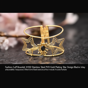 Brazalete de Moda en Acero Inoxidable 316L con Baño de Oro PVD, Diseño de Estrella e Incrustaciones de Piedras Negras - Product Image 3