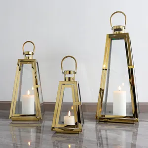 Unique Trapezoid Gold Stainless Steel Floor Hanging Candle Lantern Candle Holders For Wedding Aisle Decor