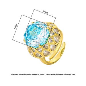 เครื่องประดับวินเทจ แหวนทองชุบหนาประดับเพชรคิวบิกเซอร์โคเนียสีฟ้าทะเลทรงโรสคัท 14 มม. ทำจากทองแดงที่เป็นมิตรต่อสิ่งแวดล้อม สำหรับผู้หญิง - Product Image 2