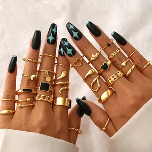 Cincin ular bulan emas mode antik Punk hitam hati kupu-kupu Set cincin jari buku jari untuk Aksesori Wanita