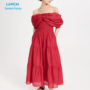 Robe longue légère en tissage bouffant non extensible Robe cambric unie à épaules dénudées - Product Image 1