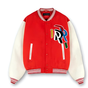 Blouson universitaire d'hiver personnalisé brodé pour homme, écoresponsable, en laine, avec manches rouge et blanc, col montant, style streetwear - Product Image 1