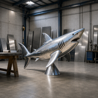 Sculpture de requin blanc géant en acier inoxydable poli miroir sur mesure, art animalier en métal pour extérieur