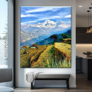 Hermoso paisaje terracotado nepalí con el Himalaya en el fondo, arte de pared impreso en lienzo para decoración del hogar. - Product Image 3